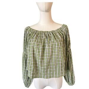 Topshop Green Plaid Off Shoulder Peasant Blouse Long Sleeve Women's US 6 NWT